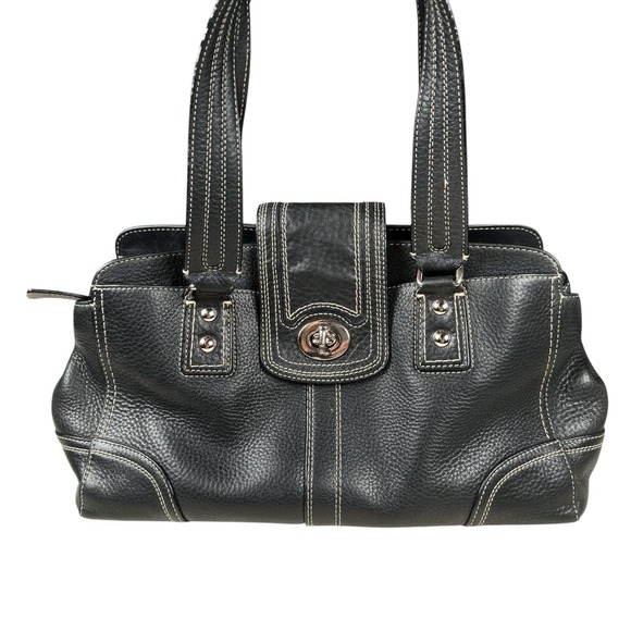 Coach Hampton F13961 Pebbled Leather Satchel Handbag Black Double Straps - Picture 1 of 16